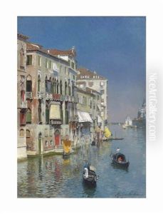Gondolas On The Grand Canal, The Dogana And Santa Maria Della Salute Beyond, Venice by Rubens Santoro