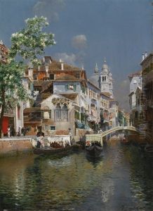 Gondolas On A Venetian Canal, Santa Maria Della Salute In The Distance by Rubens Santoro