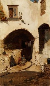 Innenhof Eines Suditalienischen Hauses Mit Gewolbekeller, Vor Dem Zwei Frauen Sitzen