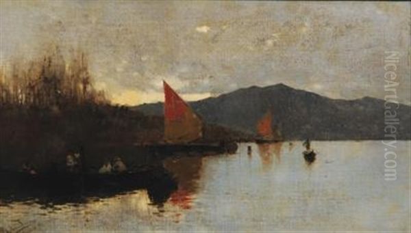 River Scene At Dusk With Boats And Figures - view 1
