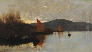 River Scene At Dusk With Boats And Figures by Rubens Santoro