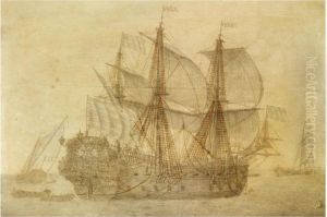 The Dutch Voc Ship De Concordia In A Calm Sea, A Flagship And Asmalship In The Distance by Cornelis Boumeester