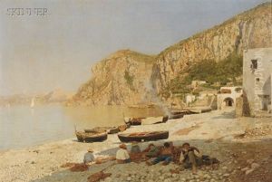 Mending The Nets, An Italian Coastal View by Rubens Santoro