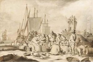 Merchants And Other Figures Eating, Drinking And Smoking On Abeach, Shipping By A Town Beyond: En Grisaille