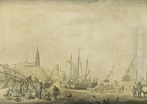 The Beach At Scheveningen With Fishermen Unloading Their Vessels And Fishermen Selling The Catch