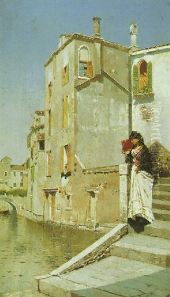 Italian Girl, With A Fan By A Venetian Canal - view 1