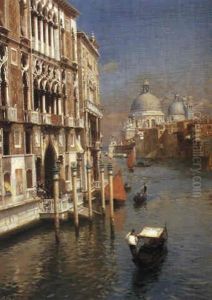 On The Grand Canal With Saint Maria Della Salute In Background, Venice by Rubens Santoro