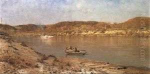 A River Scene With A Steamboat by Rubens Santoro
