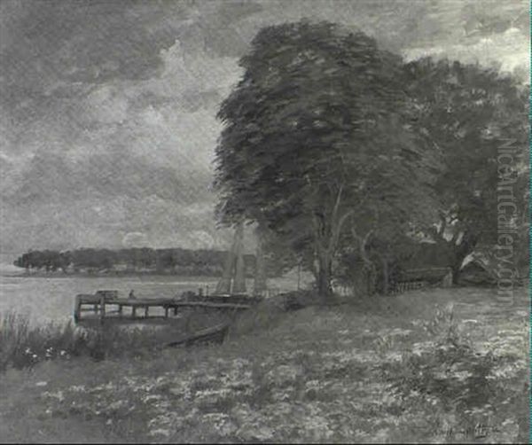 River Landscape With Docked Sailboat - view 1
