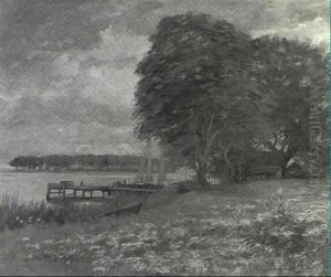 River Landscape With Docked Sailboat