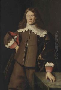 Portrait Of A Gentleman, Three-quarter-length, In A Brown Costume With Red Cuffs And A White Lace Collar, His Left Hand On A Table by Dirck Dircksz van Santvoort