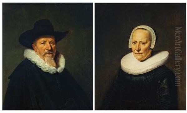 Portrait Of A Bearded Gentleman, Possibly A Member Of The Valckenier Family, Bust-length, Wearing A Hat; Portrait Of His Wife, Bust-length, Wearing An Embroidered Black Dress (pair) - view 1