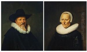 Portrait Of A Bearded Gentleman, Possibly A Member Of The Valckenier Family, Bust-length, Wearing A Hat; Portrait Of His Wife, Bust-length, Wearing An Embroidered Black Dress (pair) by Dirck Dircksz van Santvoort