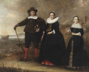 A Group Portrait Of The Family Of Otto Van Vollenhoven And Apollonia Bogaert Standing On The Beach With The Armed Merchantman De Geweldige In The Background by Dirck Dircksz van Santvoort