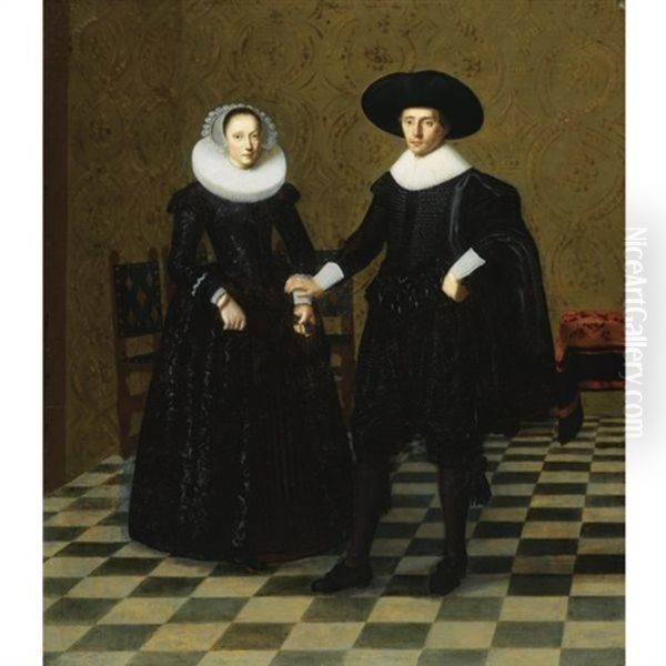 Portrait Of A Gentleman And His Wife In Black Embroidered Dress With White Collars, Standing Full Length In An Interior - view 1