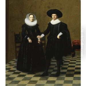 Portrait Of A Gentleman And His Wife In Black Embroidered Dress With White Collars, Standing Full Length In An Interior by Dirck Dircksz van Santvoort