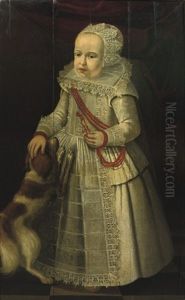 Portrait Of A Girl, In A White Embroidered Dress With Lace Collar And Headdress, Wearing A Coral Necklace, A Dog By Her Side
