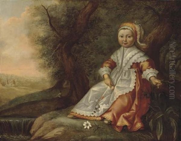 Portrait Of A Young Girl Seated By A River, With Flowers In Her Hands - view 1