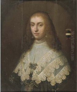 Portrait Of A Lady, Bust-length, In A Black Dress With White Lace Collar And A Pearl Necklace