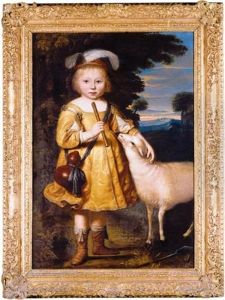 Portrait Of A Young Child, Full Length, Dressed As A Shepherd And Holding A Pipe, A Lamb Beside Him
