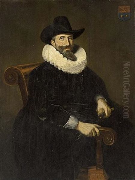 A Portrait Of Elias Van Cuelen, Seated Three-quarter Length, Wearing A Black Coat With White Cuffs And Collar And A Hat, Holding Gloves In His Left Hand - view 1