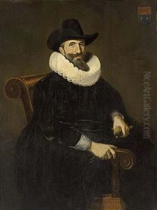 A Portrait Of Elias Van Cuelen, Seated Three-quarter Length, Wearing A Black Coat With White Cuffs And Collar And A Hat, Holding Gloves In His Left Hand