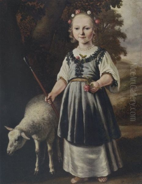 A Portrait Of A Young Girl Dressed As A Shepherdess In A White Dress With A Light Blue Pinafore With Leaf Motifs, A Pearl Necklace, Her Hair Set With Roses, In A Landscape With Sheep - view 1