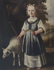 A Portrait Of A Young Girl Dressed As A Shepherdess In A White Dress With A Light Blue Pinafore With Leaf Motifs, A Pearl Necklace, Her Hair Set With Roses, In A Landscape With Sheep by Dirck Dircksz van Santvoort