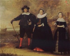 A Family Portrait (otto Van Vollenhoven, His Wife Apollonia Bogaert, And Their Daughter Maria?), All Standing, Before Open Waters by Dirck Dircksz van Santvoort