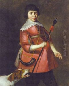 Portrait Of A Boy In A Red Jacket With A Hunting Horn Hanging Over His Sholder, Holding A Spear, A Hound At His Side by Dirck Dircksz van Santvoort