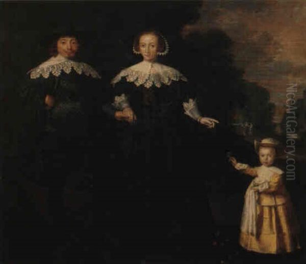 Portrait Of A Couple With Their Daughter In A Landscape Setting - view 1