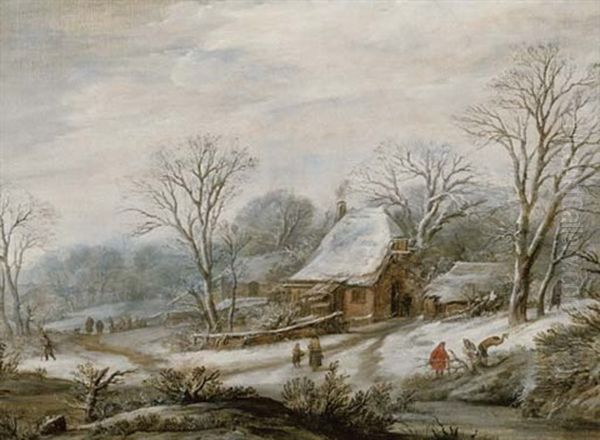 A Winter Landscape With Figures By A Cottage - view 1