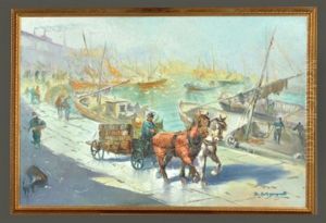 Harbor Scene With Carraige by Jose Sanz Arizmendi
