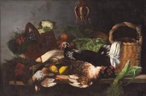 A Still Life With Baskets, Fruit, Vegetables And Chickens On A Table by Michel-Honore Bounieu