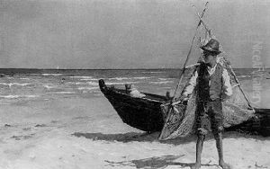 Fischerjunge Mit Seinem Boot Am Strand by Edgardo Saporetti