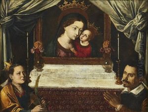A Male Donor Accompanied By Saint Catherine Praying By An Altar With The Virgin And Child by Carlo Saraceni