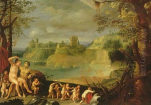 Mars, Venus And Putti In A River Landscape by Carlo Saraceni
