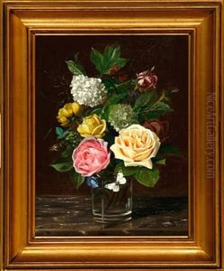 Still Life With Roses And Lilacs In A Vase On A Table by Laura Oline Adolphine Sarauw