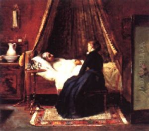 Sygebesog, Interior Med Rygvendt Kvinde Ved Seng by Laura Oline Adolphine Sarauw