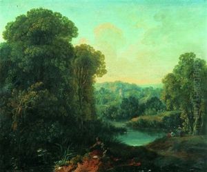 Pecheurs Dans Un Paysage De Riviere by Jean Philippe Sarazin