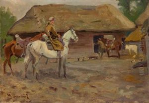 Uhlans At The Front Of Hut