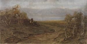 Landschaft Mit Sitzender Bauerin Und See In Der Ferne