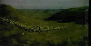 A Shepherd And His Flock In An Extensive Landscape by Giulio Aristide Sartorio