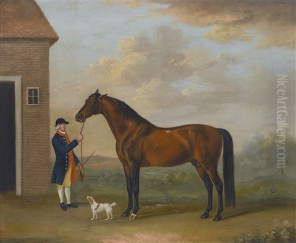 Henry Compton's Chestnut Hunter With Its Groom Outside A Stable - view 1