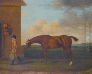 A Chestnut Racehorse Led By A Groom