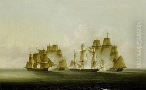 H.m. Ships "arrow" And "acheron" Engaging Two Large French Frigates, "hortense" And "incorruptible" Off Cape Caxine, Algeria, 4th-5th February, 1805 (+ The Sinking Of The "arrow" At The End Of The Action; Pair) by Francis Sartorius