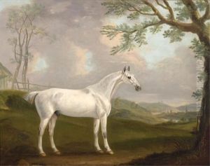 Gray Hunter With Village In Distance by Francis Sartorius