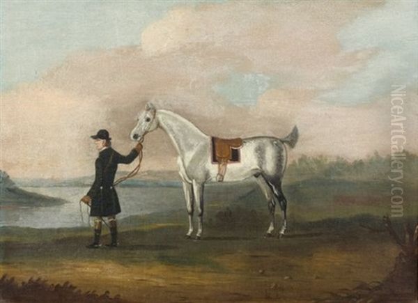 A Grey Hunter Held By His Groom In A Landscape - view 1