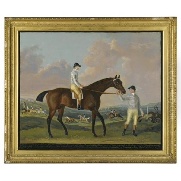 Portrait Of Henry Compton's Racehorse "cottager", Held By A Groom With Jockey Up, A Race Beyond - view 1
