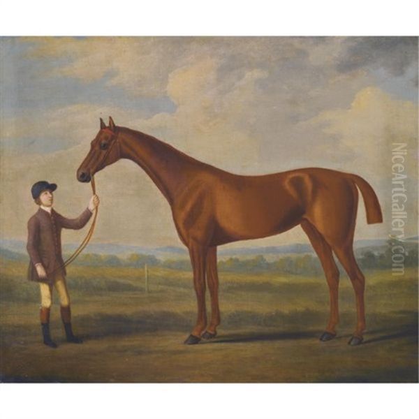A Chestnut Racehorse Held By A Stable Boy In A Landscape - view 1